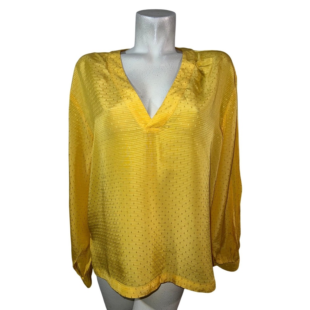 Treasure & Bond Womens Yellow Dobby Texture V-Neck Long Sleeve Blouse Sz L Large